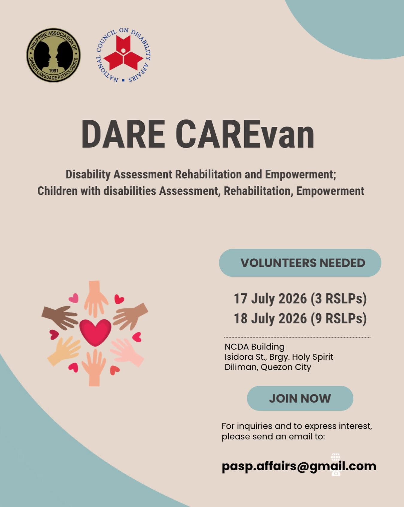 Volunteer for disability assessment outreach in Metro Manila (July 17 – 18)